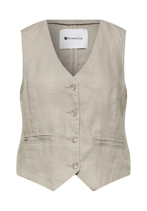 Gilet smanicato in lino beige con quattro bottoni sul davanti e due tasche orizzontali a fessura, con etichetta Street One all'interno del colletto.