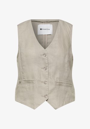 Veste sans manches en lin beige avec quatre boutons sur le devant et deux poches fentes horizontales, étiquetée Street One à l’intérieur du col.