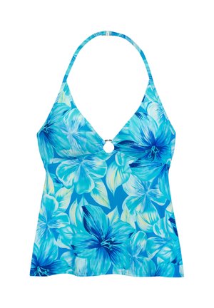 Blue halter neck swim top with large tropical flower print and a small metal ring detail at the chest center.
