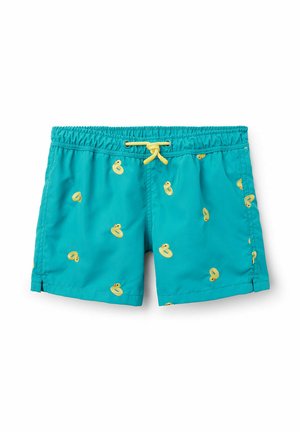 Turkusowe kąpielówki z żółtymi wzorami kaczych dmuchanych zabawkami i żółtym sznurkiem w talii, zaprojektowane dla dzieci.