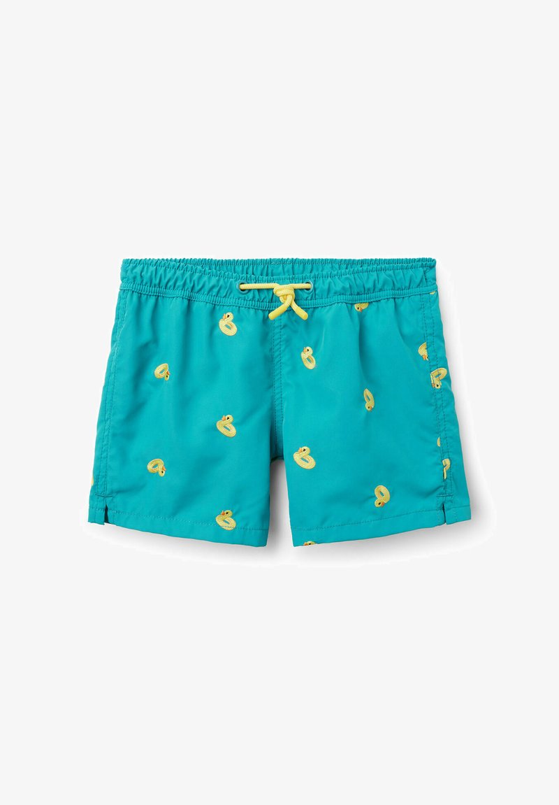 Short de bain turquoise avec motifs de canards jaunes et taille à cordon jaune, conçu pour les enfants.