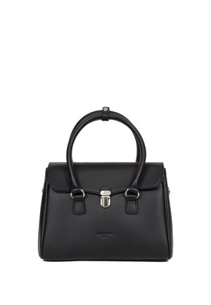 Sac à main en cuir noir avec deux poignées arrondies, fermeture à fermoir argenté et forme structurée rectangulaire sur fond blanc.