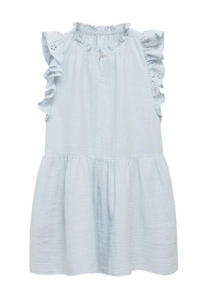 Robe en coton bleu clair avec des manches à volants, détails en dentelle florale et jupe froncée. Fermeture à boutons au niveau du col, texture douce.