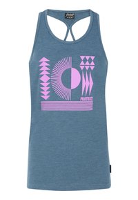 Blauwe tanktop met roze geometrisch graphic design. Beschikt over een racerback-stijl en een zachte textuurafwerking. Merklogo weergegeven aan de onderkant.