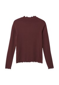 Ribbed Longsleeve-Shirt in tiefem Burgunder mit Rundhalsausschnitt sowie gerafftem Saum und Bündchen, das ein tailliertes Design und eine weiche Textur präsentiert.