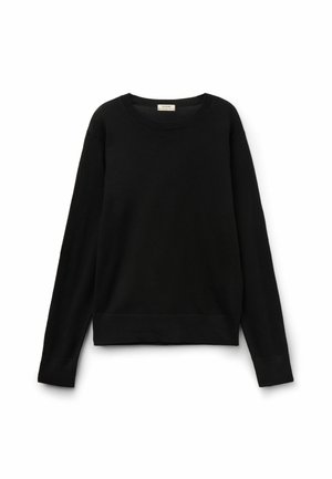 Schwarzer Langarmpullover aus weichem Stoff, mit Rundhalsausschnitt, gerippten Bündchen und geradem Saum. Einfaches Design ohne Muster.