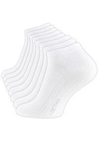 Weiße Knöchelsocken in einer Packung mit mehreren Paaren. Hergestellt aus einem Baumwollmischmaterial, mit gerippten Bündchen und verstärktem Fersenbereich.