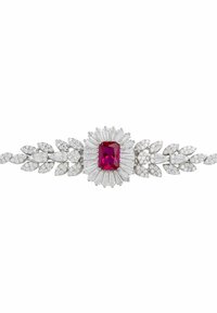 Silver-tone bracelet featuring a central rectangular ruby surrounded by tapered baguette and round diamonds, with leaf-shaped accents.