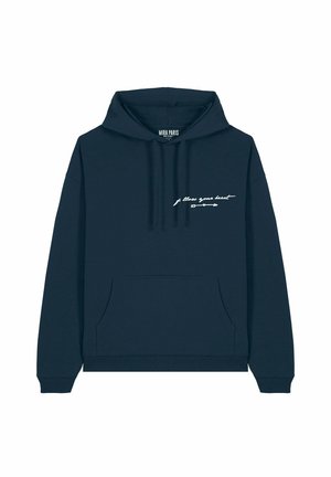 Navyblauwe hoodie, gemaakt van katoen, met een zak aan de voorkant en lange mouwen. Het heeft witte cursieve tekst en een pijlafbeelding op de borst.