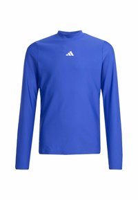 Dlouhý sportovní rukáv v jasně modré barvě, s vysokým výstřihem a bílým logem Adidas na hrudi. Vyrobeno z hladkého, elastického materiálu.