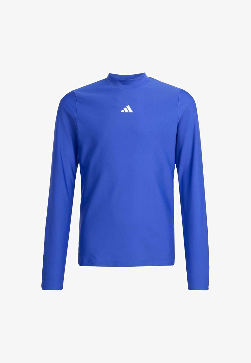 Dlouhý sportovní rukáv v jasně modré barvě, s vysokým výstřihem a bílým logem Adidas na hrudi. Vyrobeno z hladkého, elastického materiálu.