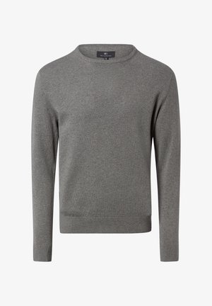 Maglione grigio con scollo rotondo, maniche lunghe e orlo e polsini a coste. Realizzato in tessuto morbido lavorato a maglia con una texture liscia.
