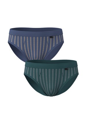 Due slip maschili a righe, uno blu scuro e uno verde scuro, entrambi con cintura elastica e piccole etichette con il logo LVB sul lato.