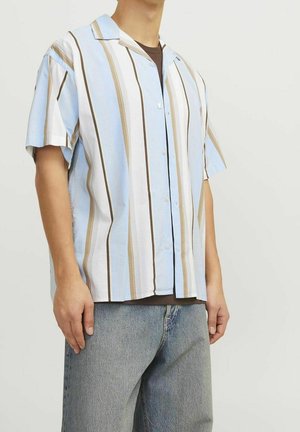 Mand iført en lyseblå, hvid og beige vertikalt stribet kortærmet skjorte over en brun top med lyseblå jeans.