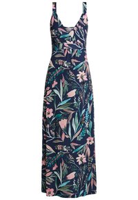 Kwiatowa sukienka maxi na granatowym tle, z różowymi i zielonymi wzorami liści. Wykonana z miękkiego materiału, z cienkimi ramiączkami i dekoltem w kształcie litery V.
