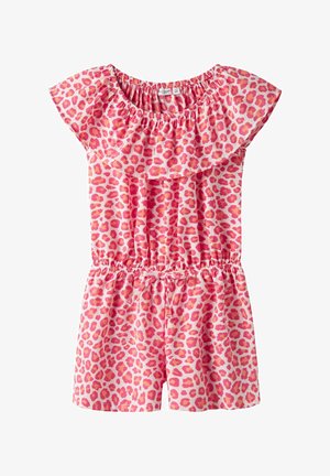 Romper con stampa leopardata rosa, colletto arricciato, maniche corte, vita elasticizzata e stile pantaloncino. Realizzato in tessuto leggero.