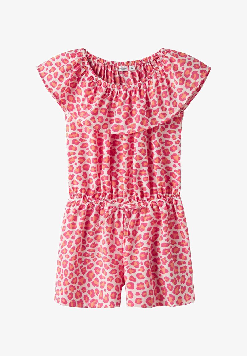 Romper en imprimé léopard rose avec encolure à volants, manches courtes, taille élastique et style short. Fabriqué en tissu léger.