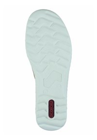 White rubber sole with a zigzag tread pattern, featuring a red "rieker" logo and a circular design element near the heel.