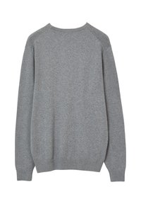 Maglione grigio chiaro con scollo rotondo, maniche lunghe a raglan e polsini a costine. Il tessuto lavorato a maglia presenta una superficie liscia.
