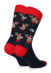 Granatowe skarpetki z motywem renifera, z czerwonymi mankietami i palcami, białymi płatkami śniegu oraz miękką dzianiną.