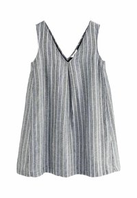 Tunique sans manches rayée avec un décolleté en V profond. Fabriquée en tissu léger gris et blanc. Présente des lignes verticales et une coupe décontractée.