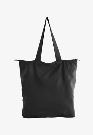 Borsa tote riutilizzabile nera con manici lunghi e chiusura con cerniera superiore, mostrata su sfondo bianco.