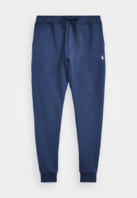 Marinblå sweatpants i mjukt material, med elastisk midja och dragsko samt smalnande muddar. Liten vit logotyp pryder benet.