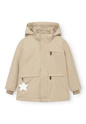 Beige Kapuzenjacke mit vorderen Taschen, Reißverschluss und einem sichtbaren sternförmigen Etikett. Glattes Material und verstellbare Manschetten.