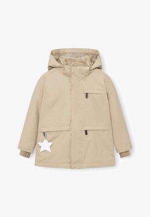 Bež kapuutsiga jakk, millel on esipocketid, tõmblukuga sulgemine ja nähtav tähekujuline silt. Sile kangas ja reguleeritavad varrukad.