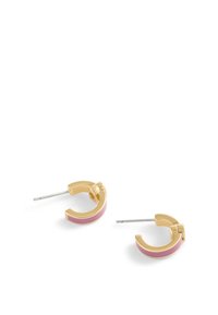 Gold hoop earrings with a pink enamel accent and a glossy finish, featuring a curved design and a metal post for secure wear.