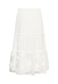 Jupe midi blanche à volants avec taille smockée, panneaux en tissu texturé et détails d'appliqués floraux sur le volant inférieur.