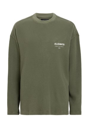 Olijfgroene lange mouwen waffle gebreide sweatshirt met een ronde hals en het "ALLSAINTS" logo in het wit geborduurd op de borst.