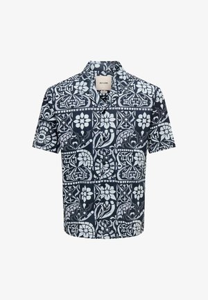 Kurzärmeliges Hemd zum Knöpfen mit schwarz-weißem Blumen- und geometrischem Muster, klassischem Kragen und Knöpfen vorne.