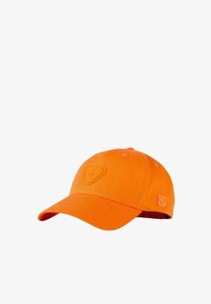 Casquette de baseball orange en coton, dotée d'un patch logo texturé à l'avant et d'une petite étiquette logo sur le côté.