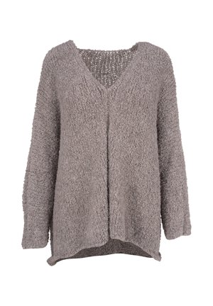 Weicher grauer Strickcardigan mit V-Ausschnitt, langen Ärmeln und leicht abgerundetem Saum, der ein strukturiertes, grob gestricktes Muster aufweist.