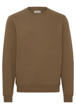 Sudadera marrón hecha de una tela suave, con cuello redondo, puños y dobladillo acanalados, y un logotipo sutil en relieve en el pecho.