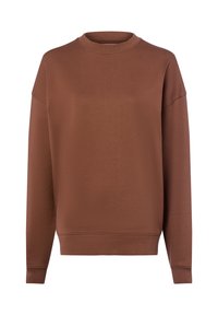 Brązowy sweter z okrągłym dekoltem, długimi rękawami i ściśniętymi mankietami. Wykonany z miękkiego materiału o gładkiej fakturze i minimalistycznym wzornictwie.