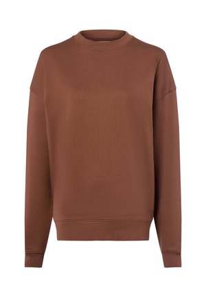 Brązowy sweter z okrągłym dekoltem, długimi rękawami i ściśniętymi mankietami. Wykonany z miękkiego materiału o gładkiej fakturze i minimalistycznym wzornictwie.