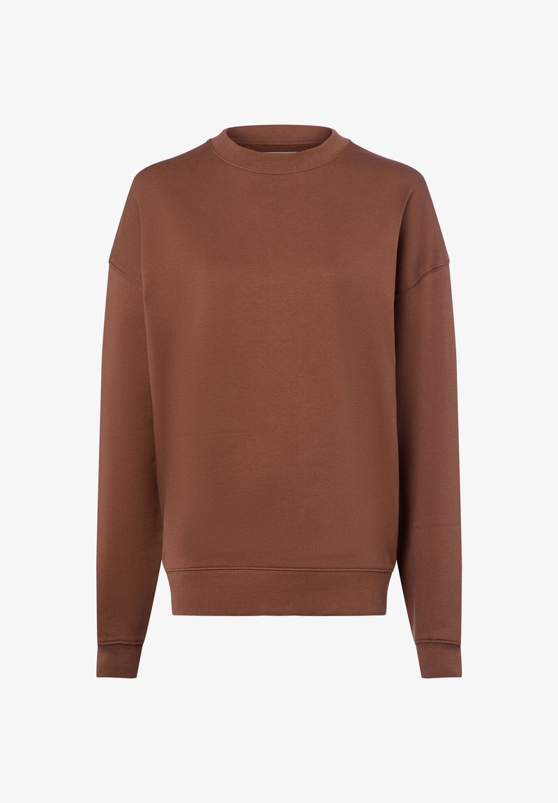 Brązowy sweter z okrągłym dekoltem, długimi rękawami i ściśniętymi mankietami. Wykonany z miękkiego materiału o gładkiej fakturze i minimalistycznym wzornictwie.