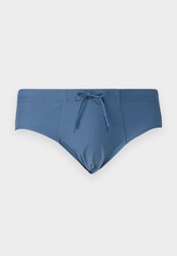 Blue swim brief with a smooth, stretchy fabric. Features a drawstring waist and a low-rise design. No visible patterns or accents.