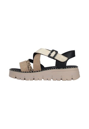 Beige platform sandal with thick sole, black heel strap, leopard print and tan crossed straps, and adjustable buckle on top strap.