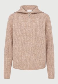 Beige ribbestrikket genser med lange ermer, halv glidelås foran og bred brettekant.