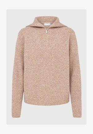 Beige ribbestrikket genser med lange ermer, halv glidelås foran og bred brettekant.