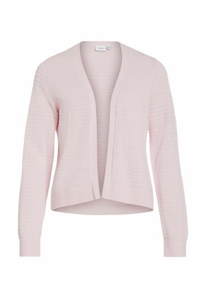 Cardigan tricoté rose clair, ouvert à l'avant, avec manches longues et motif texturé, poches et ourlet côtelés.