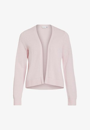 Cardigan tricoté rose clair, ouvert à l'avant, avec manches longues et motif texturé, poches et ourlet côtelés.