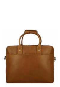 Cartella in pelle marrone con doppi manici, chiusura con zip, tasca frontale e borchie in argento. Texture liscia, forma rettangolare.