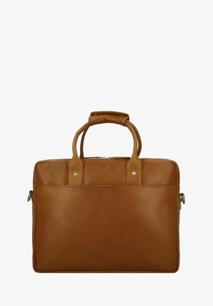 Brown leather briefcase with double handles, zip closure, front pocket, and silver accent studs. Smooth texture, rectangular shape.
