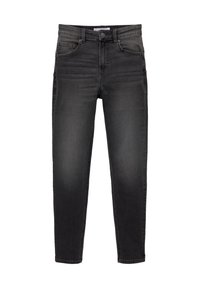 Jean en denim noir avec une coupe slim, comportant cinq poches, une fermeture à bouton et une légère décoloration. Texture lisse avec des détails de couture robustes.