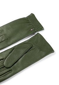 Pair of long, dark green leather gloves with gathered elastic detail on cuffs and subtle stitching on the back of the hand.