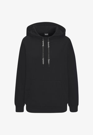 Black hooded sweatshirt with front kangaroo pocket and branded drawstrings, featuring a relaxed fit and ribbed cuffs and hem.